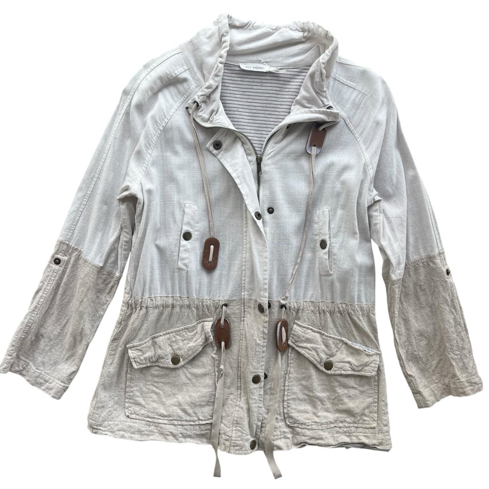 Blu Pepper Women Sz M Khaki Cream Linen Bl Lined Drawstring Light Utility Jacket